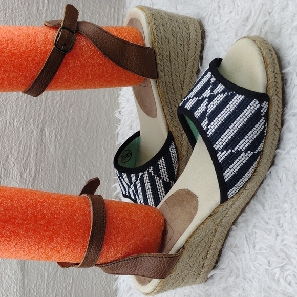 Soludos Tan Blue Embroidered Open Toe Wedged Heel Ankle Strap Espadrille Sandal - Picture 1 of 16